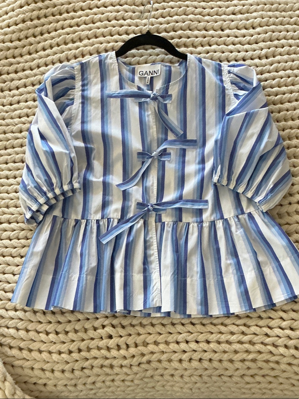 Ganni Blue & White Striped Tie-Front Blouse